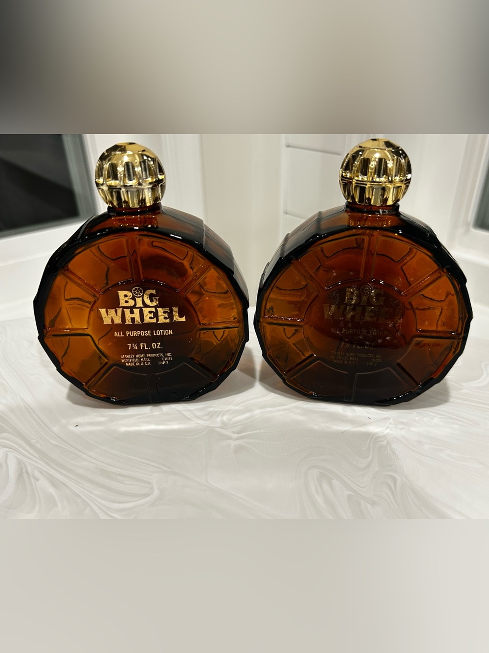 Vintage Stanley Empty Big Wheel All-Purpose Lotion Bottle Brown Glass Set Of 2